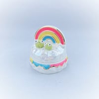 Image 5 of Happy frogs sitting on glow in dark rainbow and holographic cloud jewelry box 