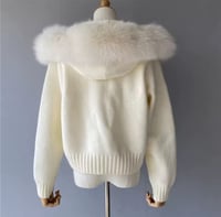 Image 3 of Cream fox fur collar hood cardigan