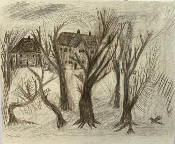 Image of Feathery trees by old park house - original drawing 