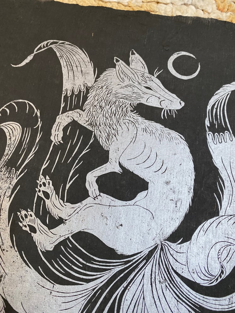 Image of Kitsune Linocut on Black Earth Lokta LAST ONE 