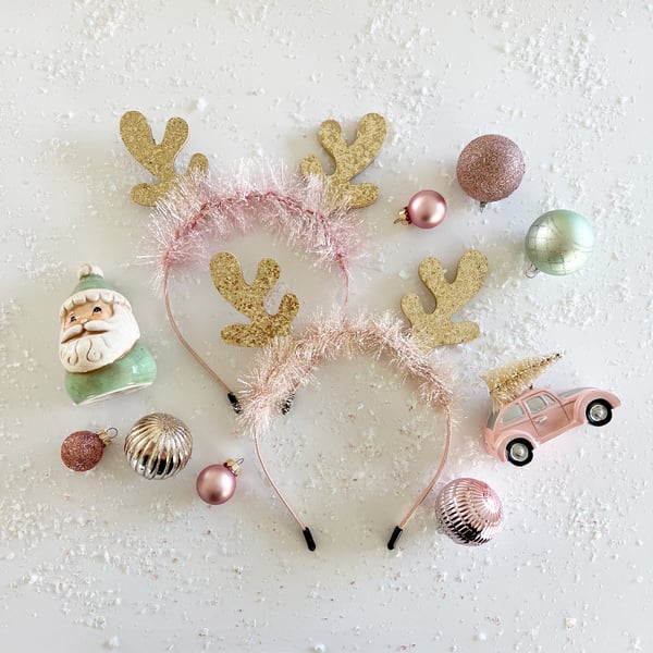 Image of Glitter Reindeer Headband with Vintage Pink Tinsel