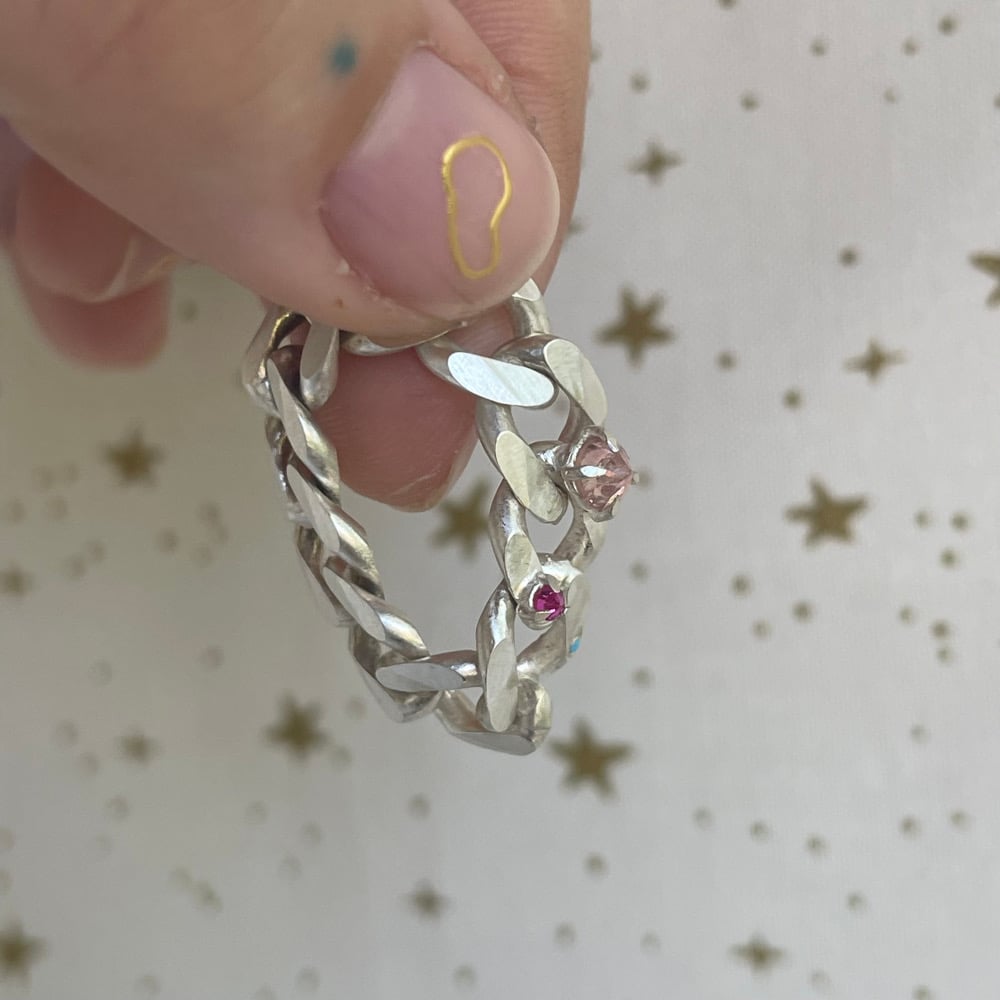 Image of pink tourmaline and chain ring