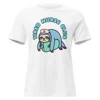 Image 2 of Tired Nurse Club Women’s T-Shirt – Funny Nurse Life Cute Nurse Humor Tee, Exhausted Sloth Tee