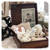 Image 1 of Vintage French wooden box full of French lace and cotton