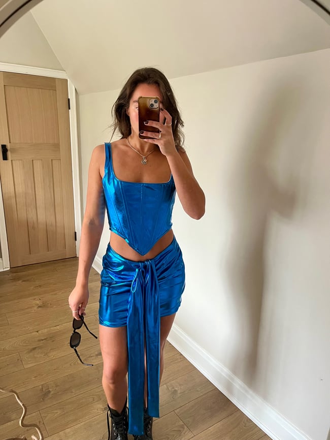 Handmade Alien tie up wet look, foil skirt