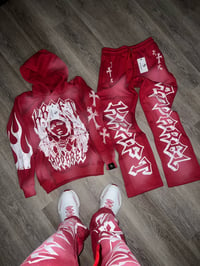 Virgin Mary Red Acid Wash Flared Sweatsuit