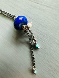 Image 8 of faceted lapis pendant with Kingman turquoise and pearl fringe