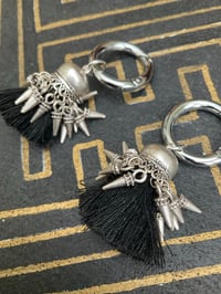 Image 2 of Silver plated black cotton and silver spike charm Afghan tassel tunnel earrings