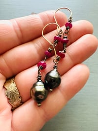 Image 1 of ruby and Tahitian pearl dangle earrings by peacesofindigo