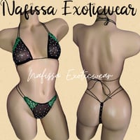 Image 4 of Women's Sparkly Rhinestone Sheer Mesh Bodysuit and Thong Set