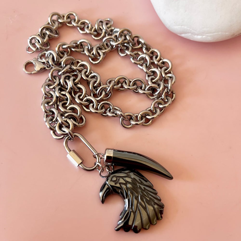 Image of Chunky Hematite Eagle and Tusk Necklace