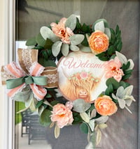 Image 1 of Peach Floral Highland cow welcome Wreath 