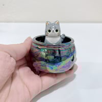 Image 4 of Glow in dark gray tabby cat in witch brew cauldron ceramic keepsake (rainbow effect)