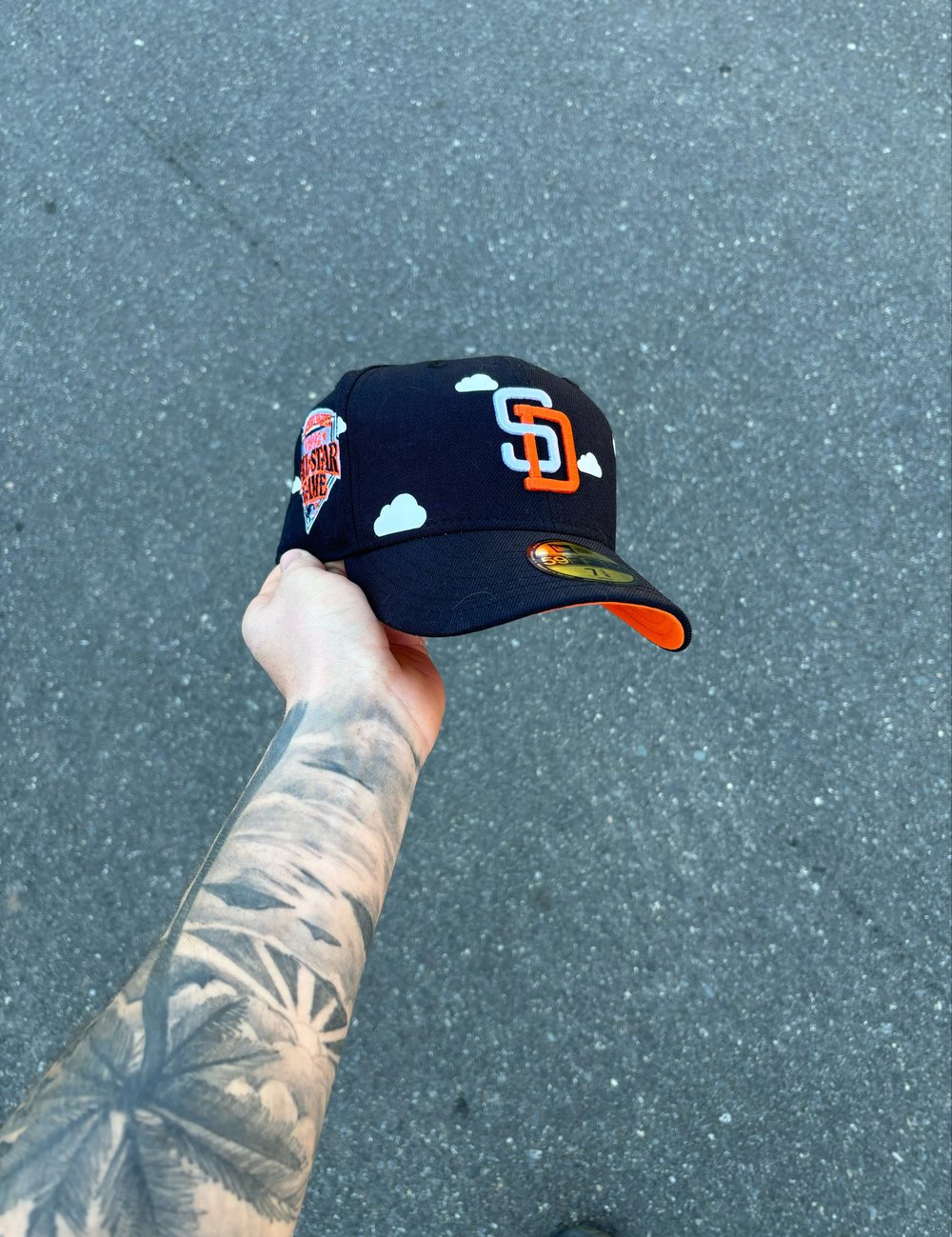 Image of ORANGE BRIM NAVY PARTLY CLOUDY SAN DIEGO PADRES CUSTOM FITTED CAP