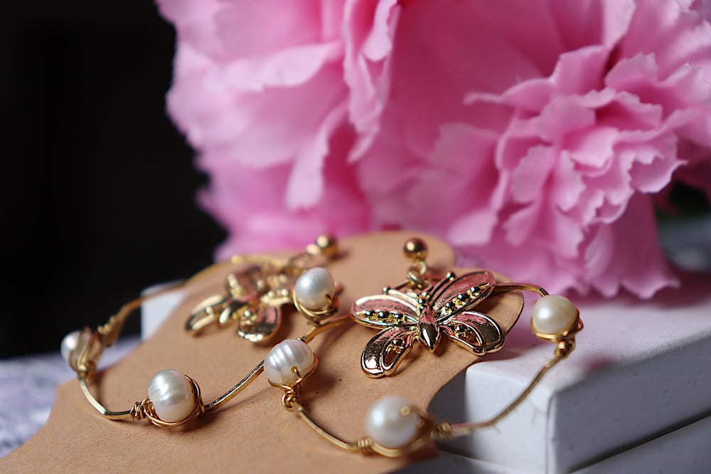 Image of Butterfly Pearl Hoops
