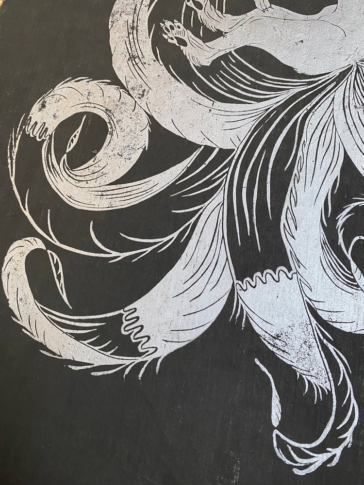 Image of Kitsune Linocut on Black Earth Lokta LAST ONE 