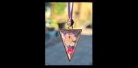 Image 1 of Johnny Jump-up and Pink Stock Flower Gold Triangle Pendant