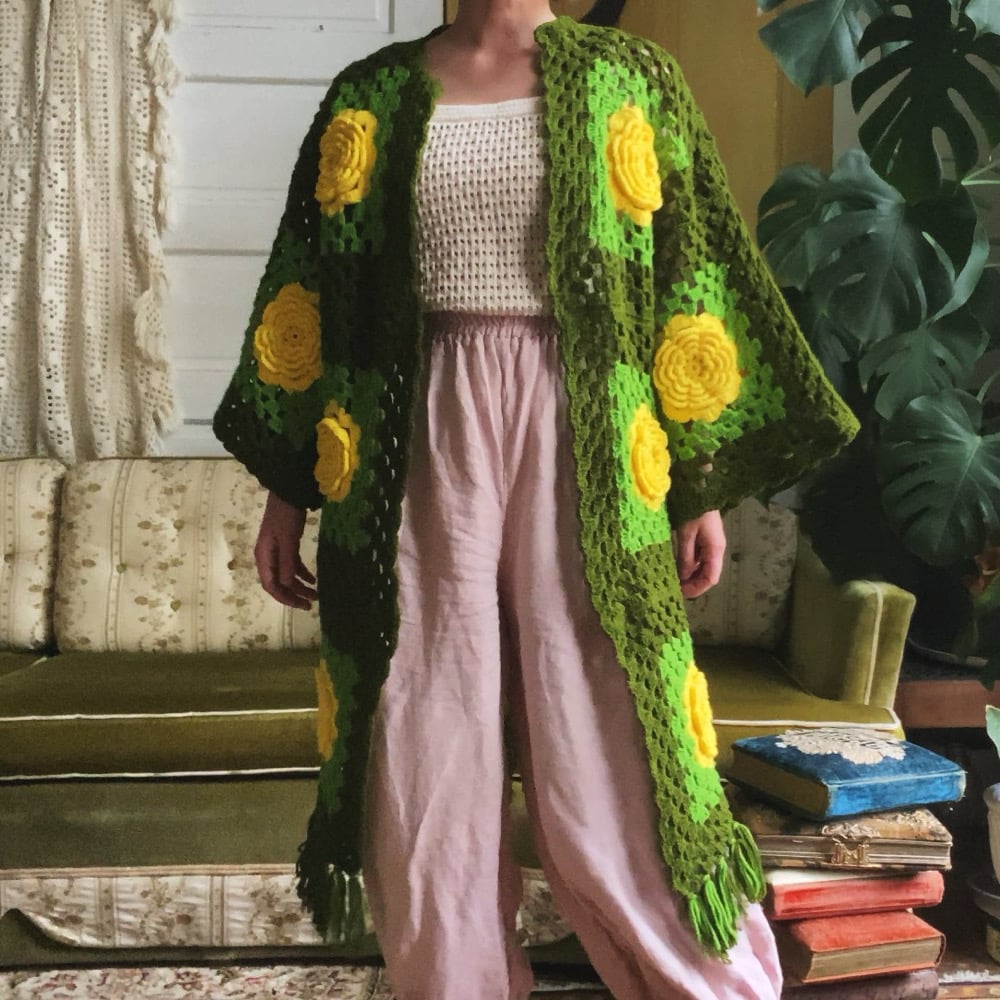 Image of Chrysanthemum-on-Green Granny Sweater