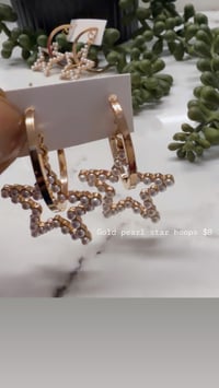 Image 2 of Gold Pearl Star hoop earrings 