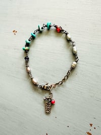 Image 11 of silvery pearl and turquoise nugget charm bracelet with adjustable chain