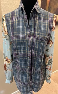 Image 3 of Vintage Funky Sleeve Teal/Plum/Yellow Flannel Shirt Floral Sleeves Time Clock Woman