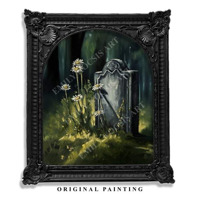 Original 8x10 Oil Painting Headstone & Daisies // Choose Framed or Unframed Black or Bronze