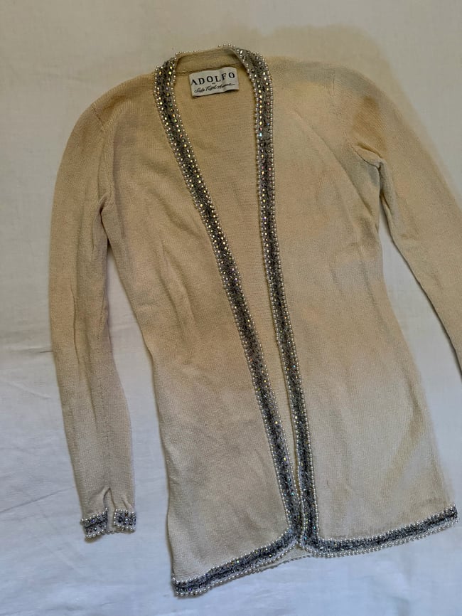 early 70s italian luxury knit trouser set w embellished bra top and sash belt