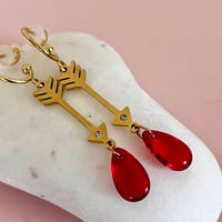 Image 2 of Arrow and Red Glass Droplet Half Hoops - Gold