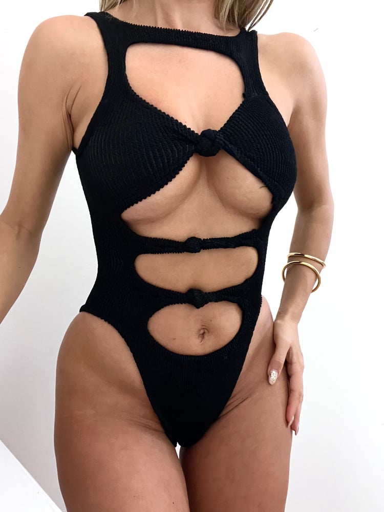Image of Black Crinkle Cut Out Knotted Onepiece