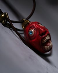 Image 13 of Berserk Egg of the King bleeding eyes pendant, leather cord, brass hardware, OOAK,