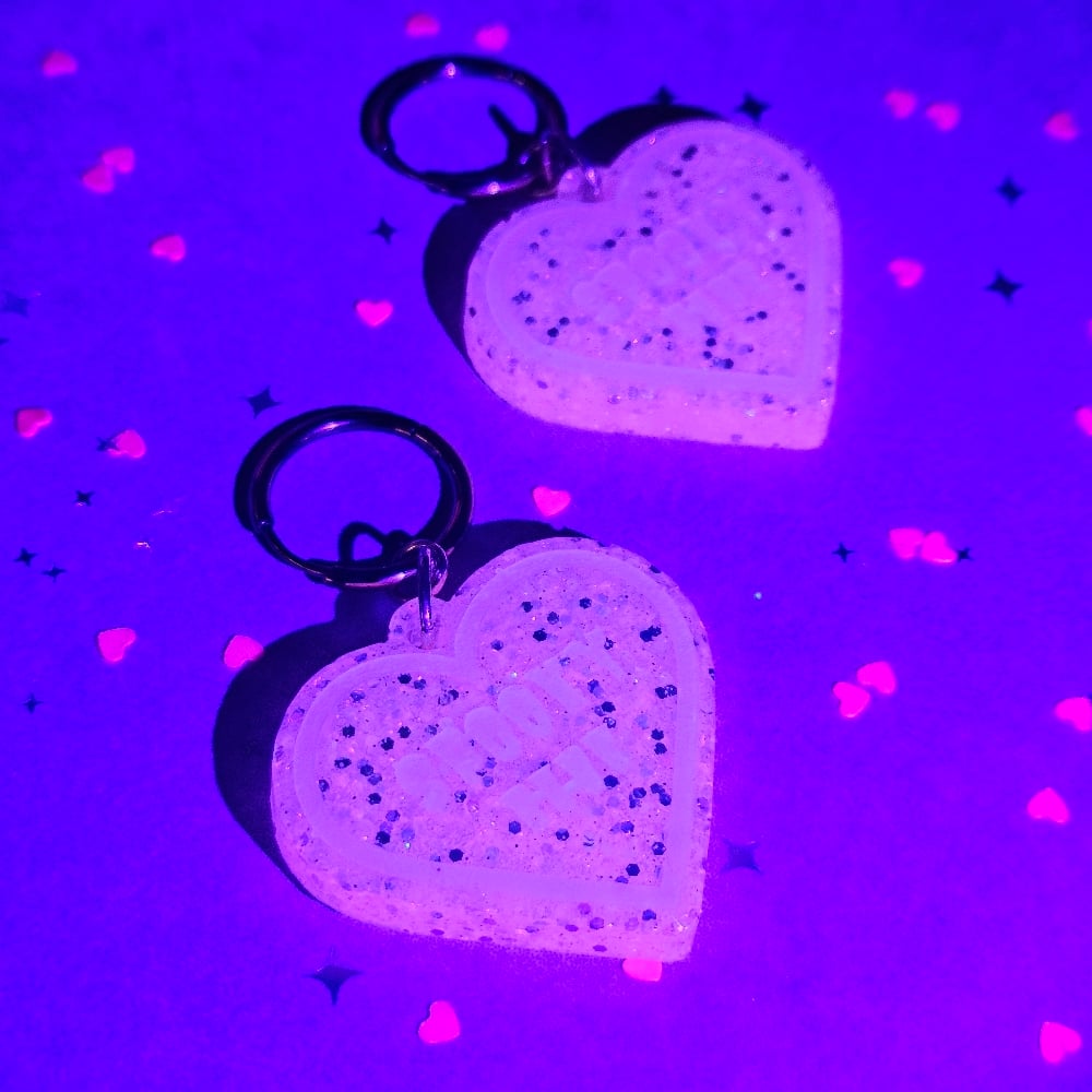 Image of Spooky Babe Heart Earrings: Baby Pink Sparkle with White Lettering
