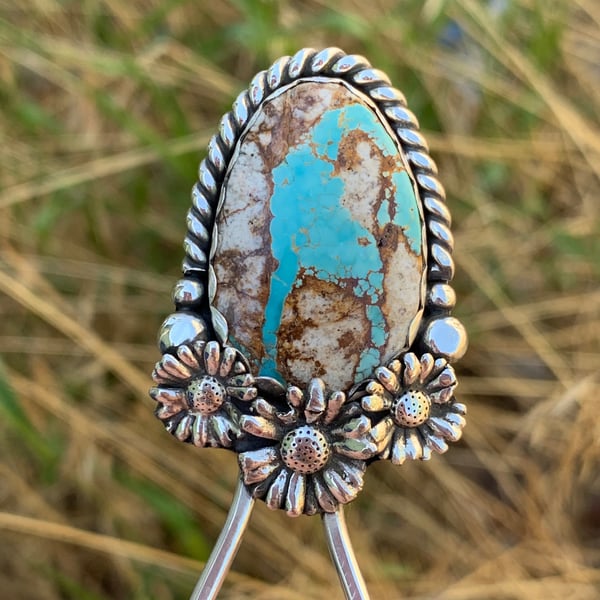 Image of Stone Mountain Turquoise Handmade Sterling Silver Floral Hair Pin