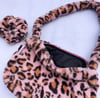 Plush faux fur leopard bag, hat & scrunchie 