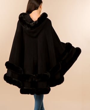 Image of Faux Fur Trim Hooded Elegant Drape Cape Poncho