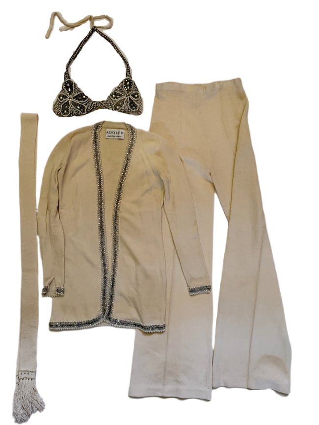 early 70s italian luxury knit trouser set w embellished bra top and sash belt