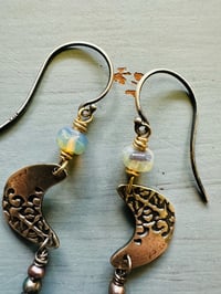 Image 3 of sterling silver crescent moon earrings with opals and pearls