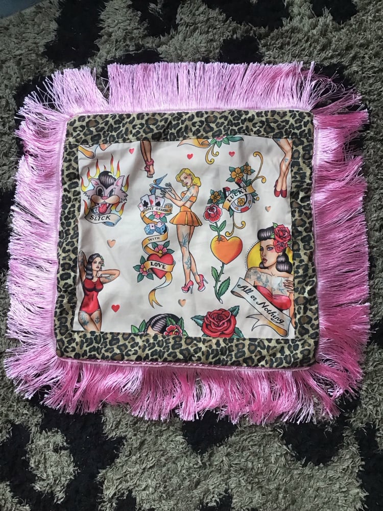 pink Pinup Girl with leopard print Cushion cover