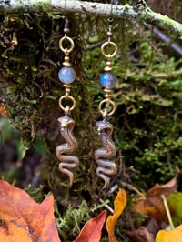Image 2 of Labradorite Brass Serpent Earring