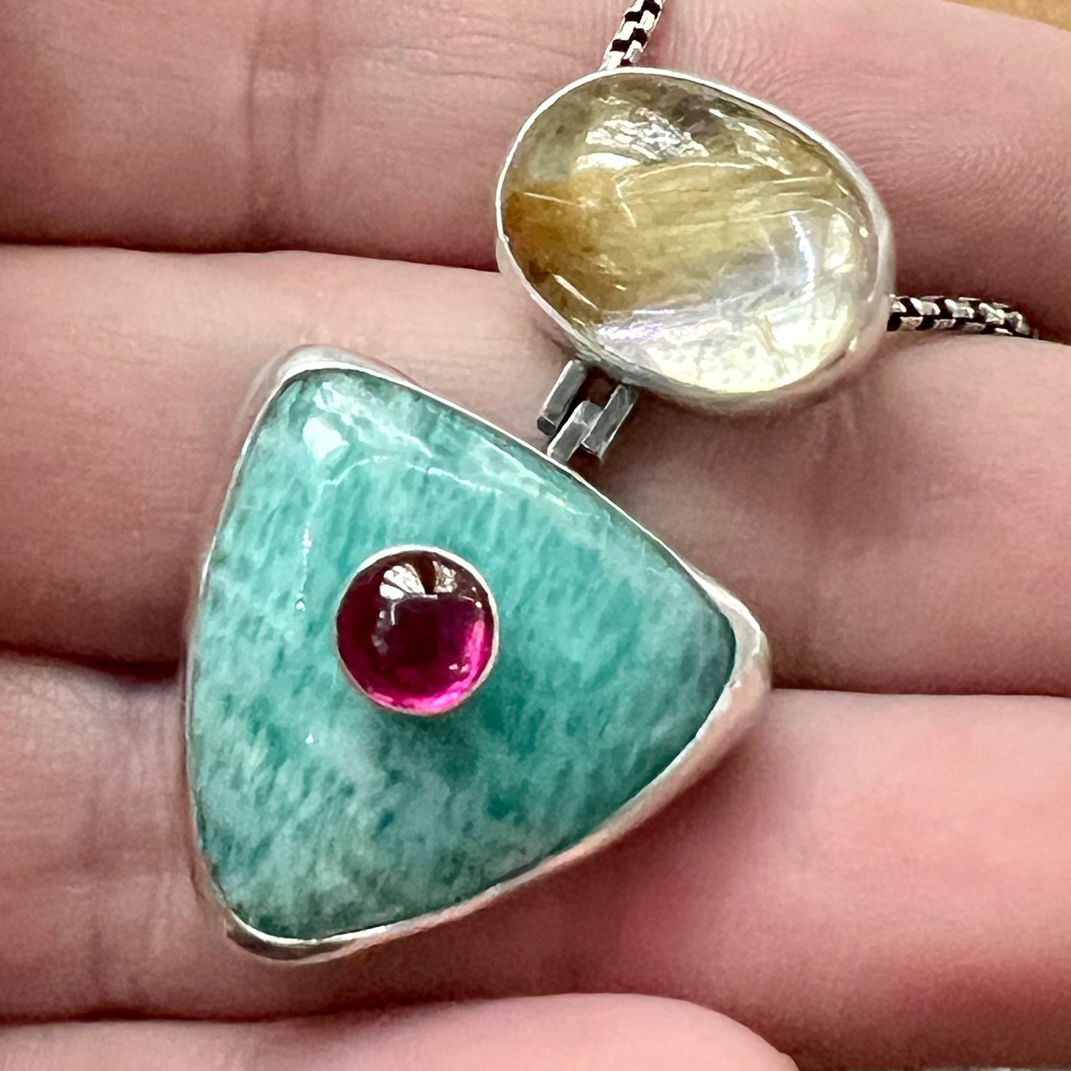 Image of Golden Rutilated Quartz, Ruby, & Amazonite Hinged Pendant 