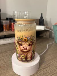 Image 1 of Coffee effect highland cow glass tumbler 