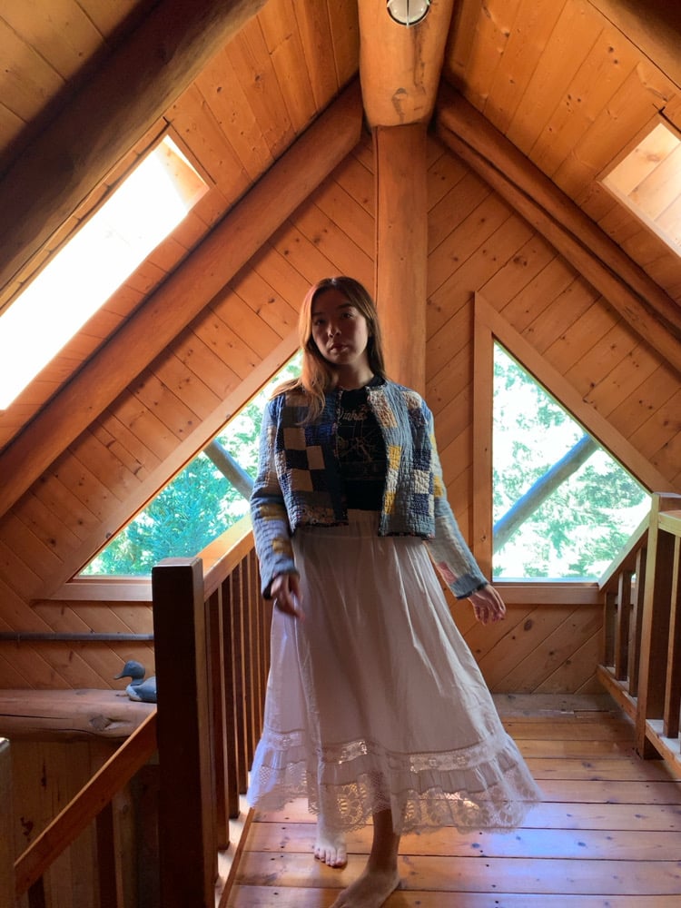 Image of Quilt Collared Cropped Coat — Slate Patchwork