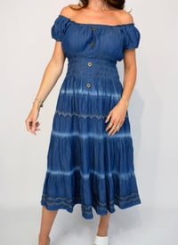 Image 1 of Embroidered Button Front Denim Midi Dress
