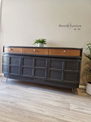 Image of Stunning Nathan Curved Sideboard in Railings with Walnut Drawers.