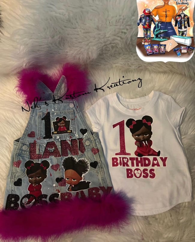 Custom African American BOSS Baby Girl Overalls Denim Birthday Outfit