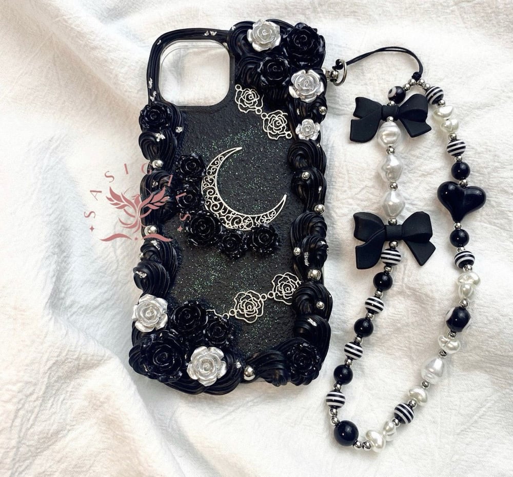 Image of Gothic Silver And Black Moon With Matching Chain 