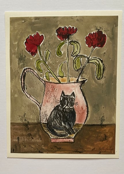 Image of A cat jug with red flowers - monoprint artwork