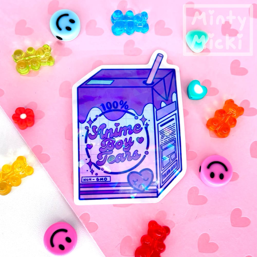 Image of 3" Holographic Anime boy Tears Juice Box Sticker