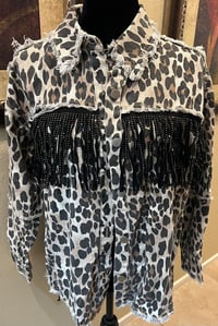 Image 2 of Vintage Black Leopard Denim Jacket Fringe Janis Joplin