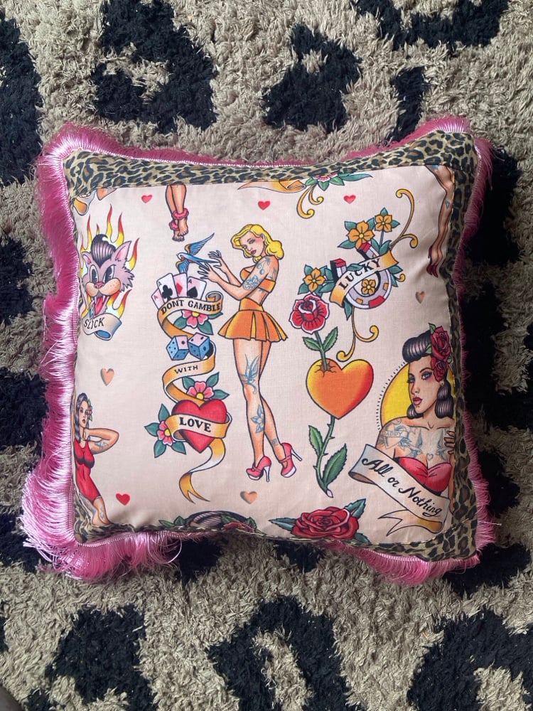 pink Pinup Girl with leopard print Cushion cover Image 4