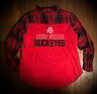 Upcycled “Ohio State Buckeyes” t-shirt flannel